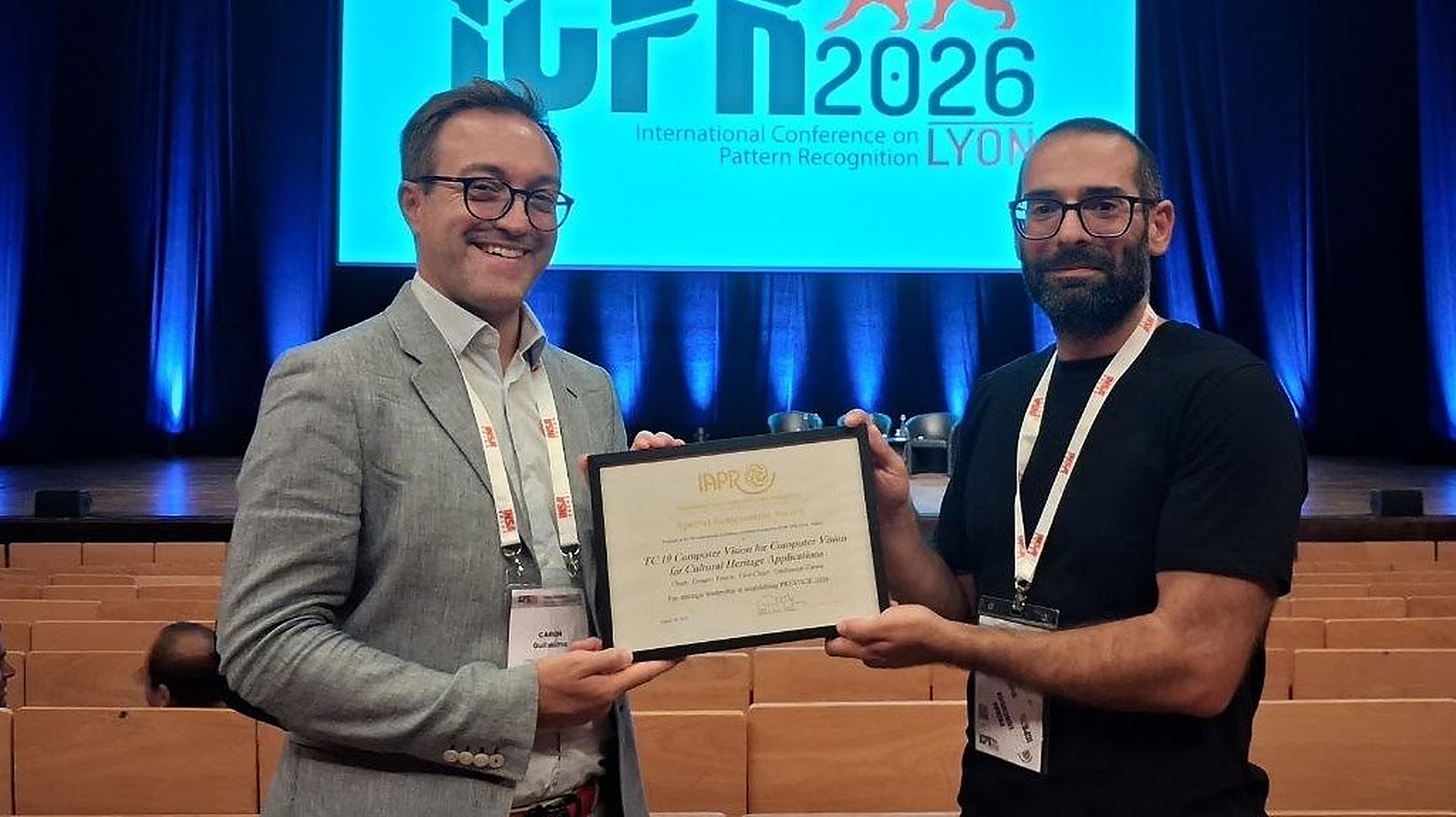 Gennaro Vessio and Guillaume Caron receiving the IAPR Distinction Award at ICPR 2026